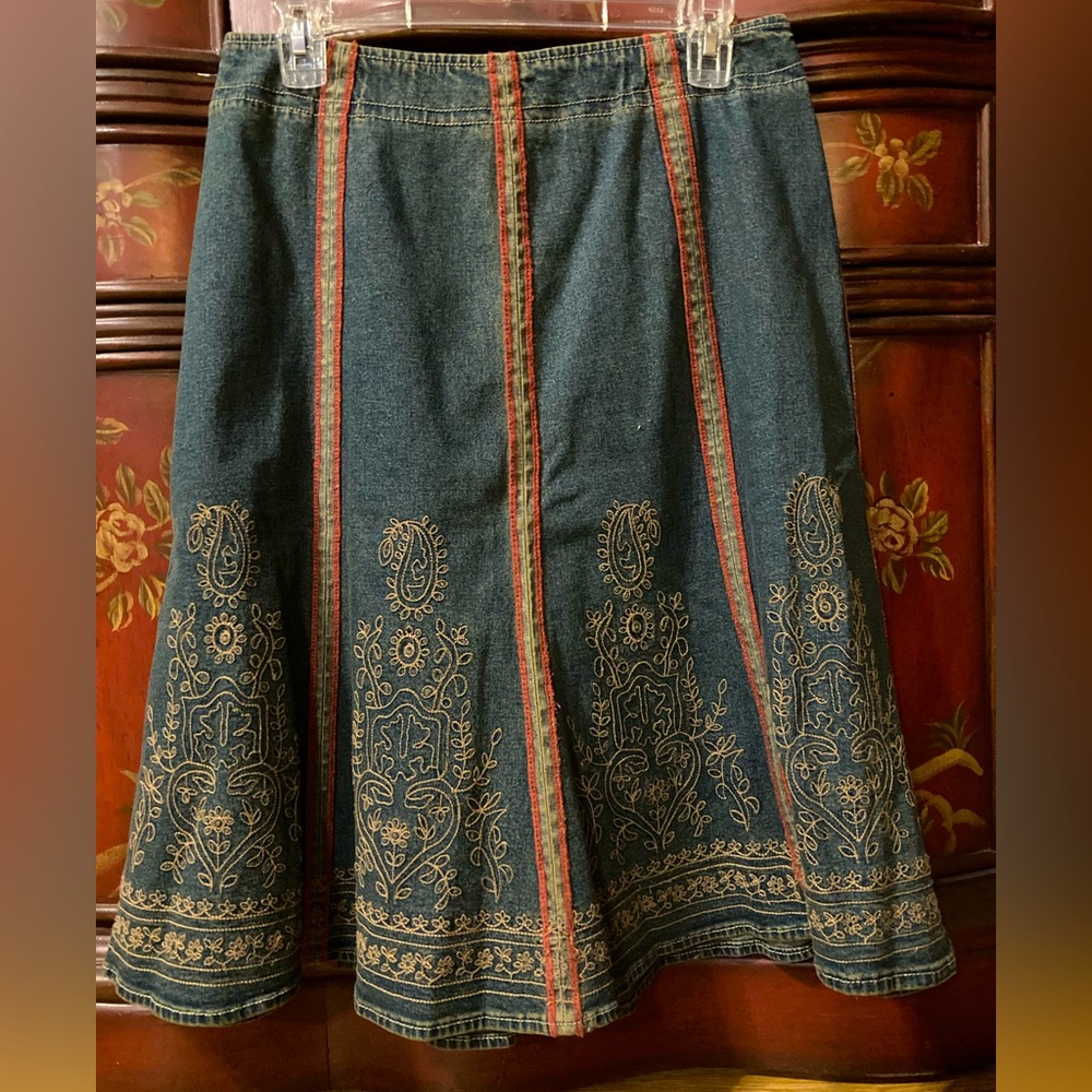 Boho denim vintage inspired appliquéd skirt